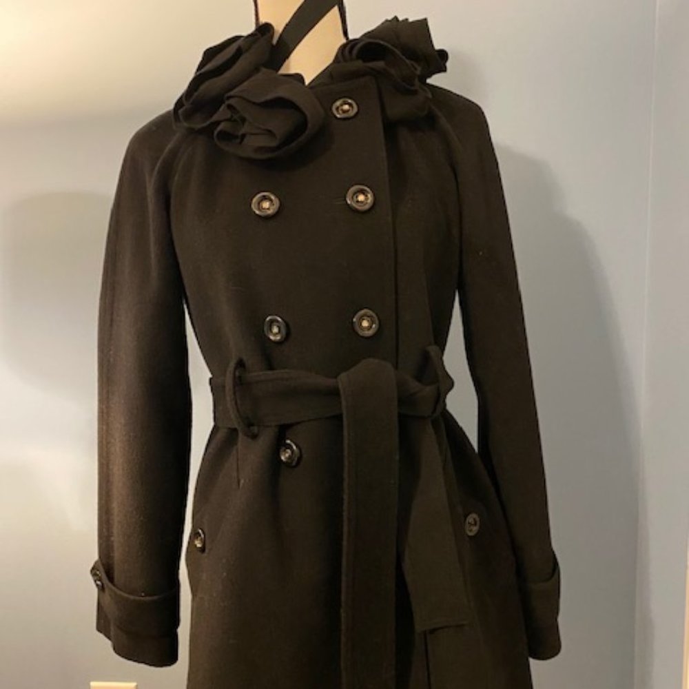 Rebecca Taylor Rosette Black Wool Belted Pea Coat